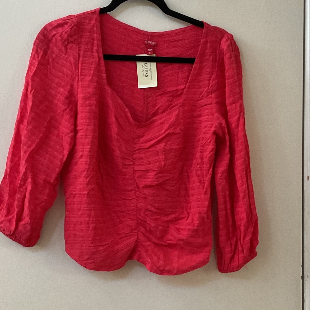 GUESS Coral Pink Textured Scoop Neck Blouse